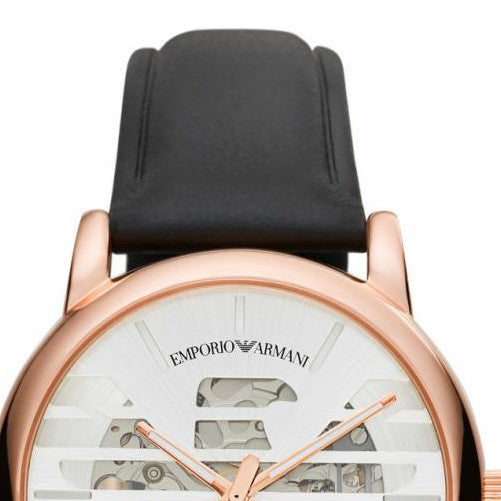 Emporio Armani Meccanico Skeleton Silver Dial Black Leather Strap Watch For Men - AR60031 - Image 8